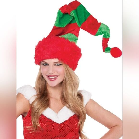 🔹️NWT Red & Green Striped Adjustable Wired Extra Long Elf Hat One Size - Picture 1 of 9
